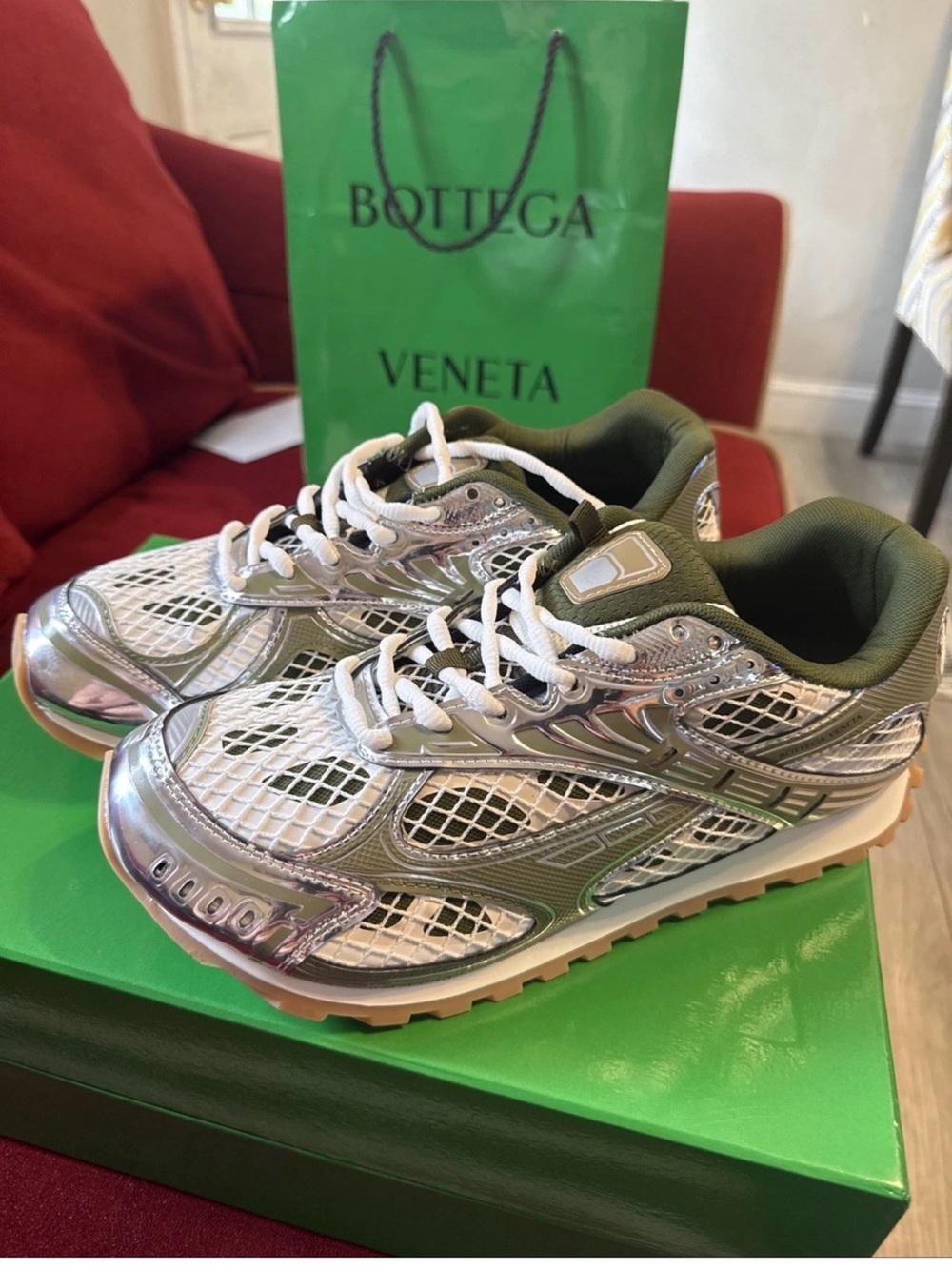 Bottega Veneta Silver and Olive Green Mesh Sneakers - Women